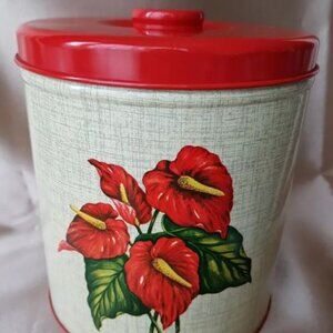 Vintage MCM Decoware Lovely Red Anthurium Flower Farmhouse Metal Tin Canister